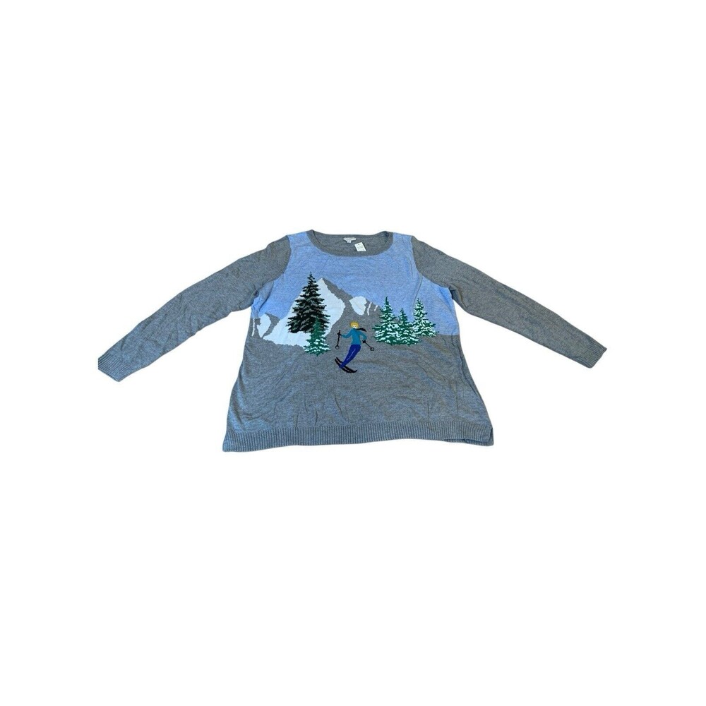 Talbots Women’s Sweater Plus 1X Gray Skiing Girl Scene Round Neck Pullover NWT
